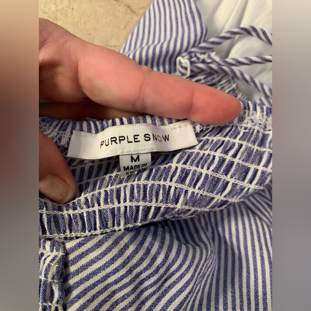 Purple Snow Striped Blue White Jumpsuit with Cropped Ruffle Hem - Size Medium - Picture 10 of 13